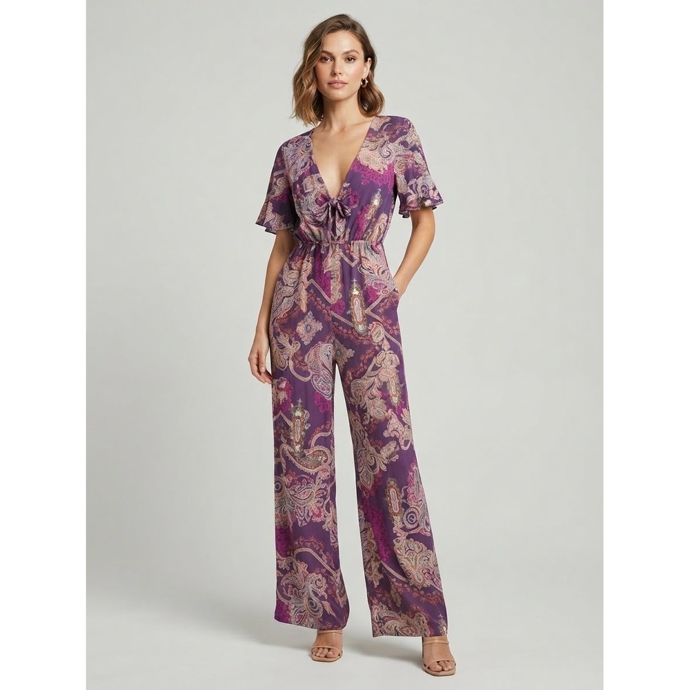 Pia Colors Womens Jumpsuit S Purple Paisley V-Neck Flutter Sleeve Wide Leg